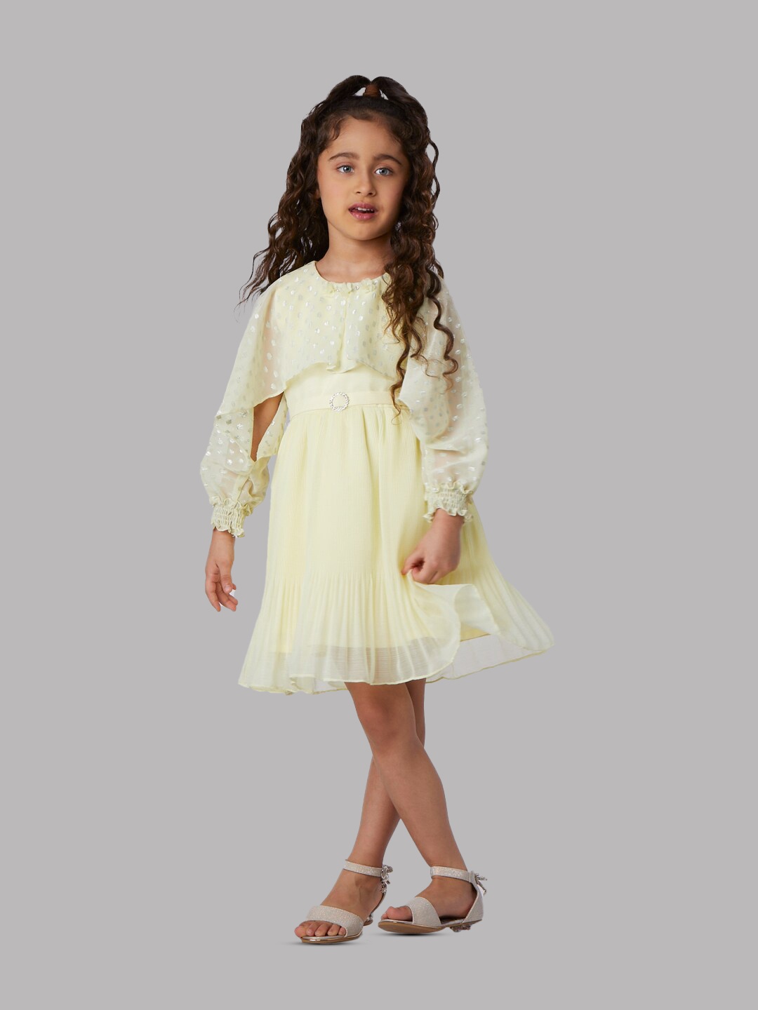 

Peppermint Girls Puff Sleeve Georgette Fit and Flare Dress, Yellow
