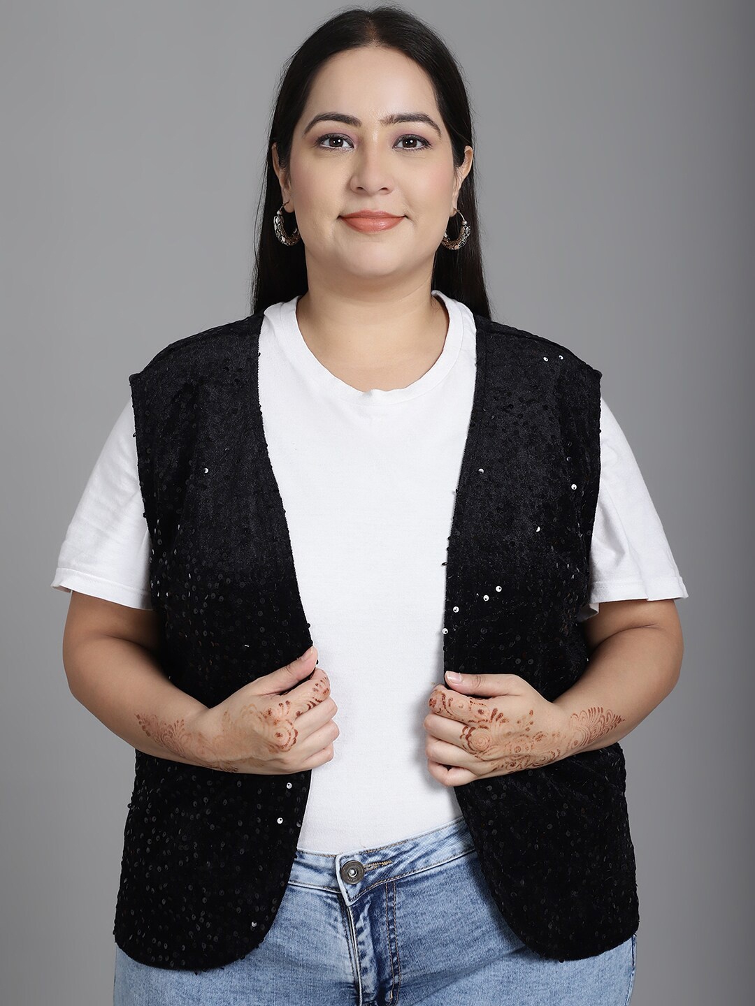 

urSense Plus Size Embellished Front Open Shrug, Black