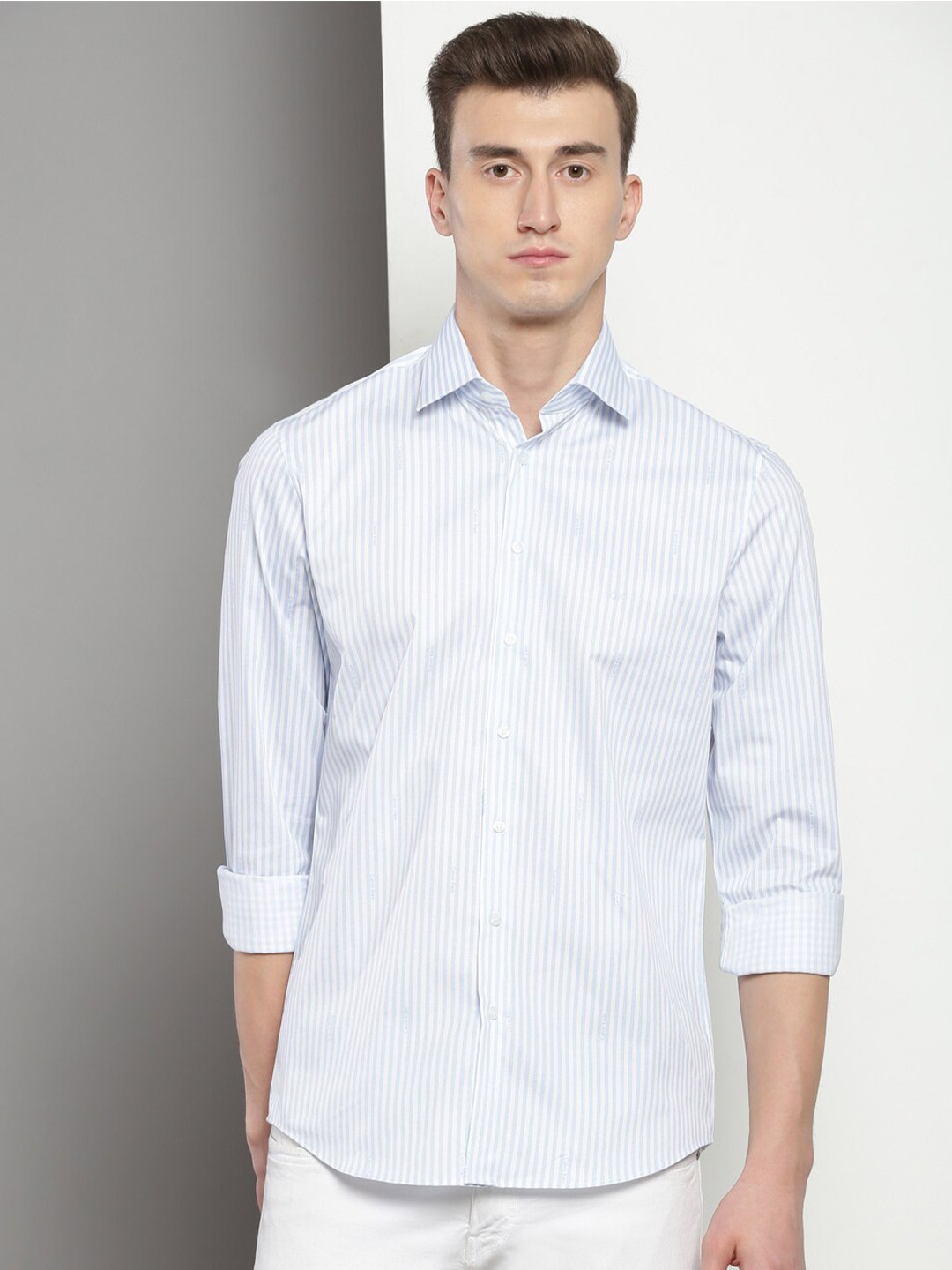 

Calvin Klein Vertical Striped Spread Collar Casual Shirt, Blue