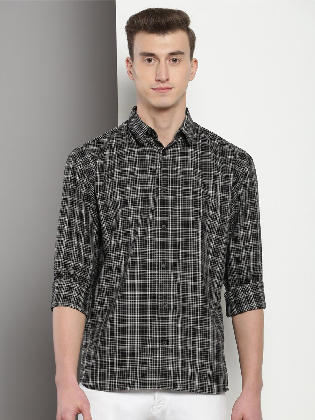 

Calvin Klein Tartan Checked Spread Collar Pure Cotton Casual Shirt, Black