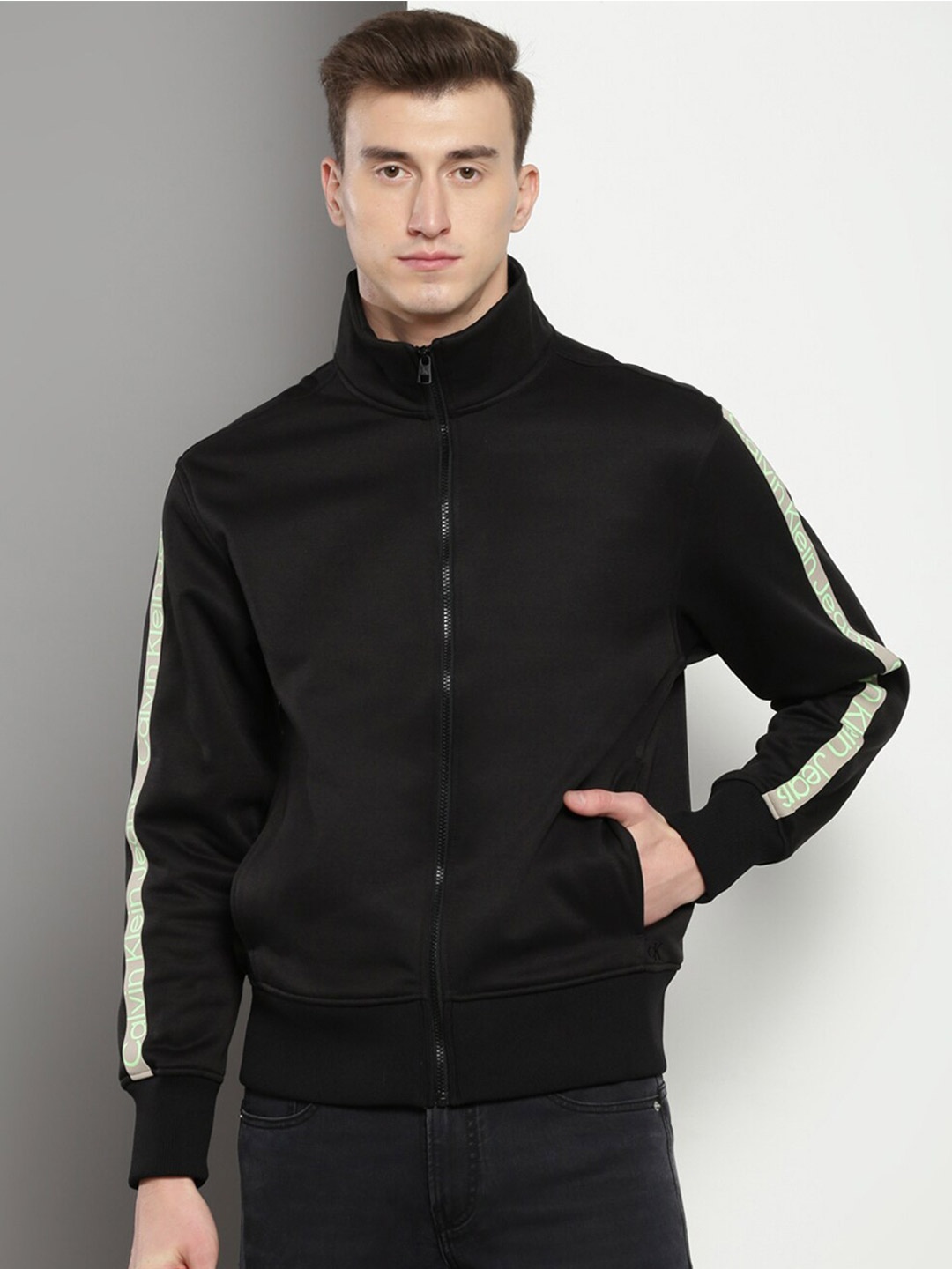 

Calvin Klein Jeans Mock Collar Front Open Sweatshirt, Black