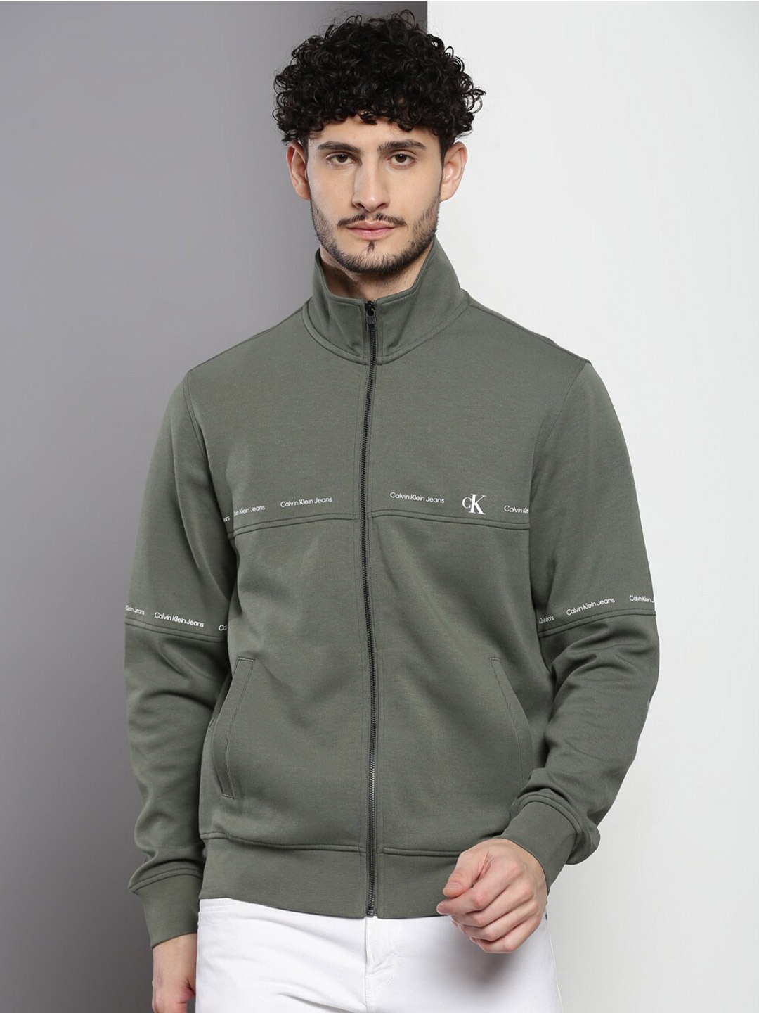 Calvin Klein Jeans High Neck Front-Open Sweatshirt, Olive