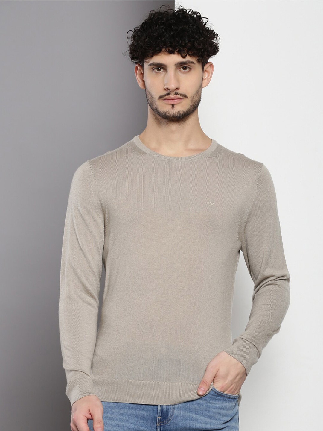 Calvin Klein Jeans Round Neck Woollen Pullover Sweater, Beige