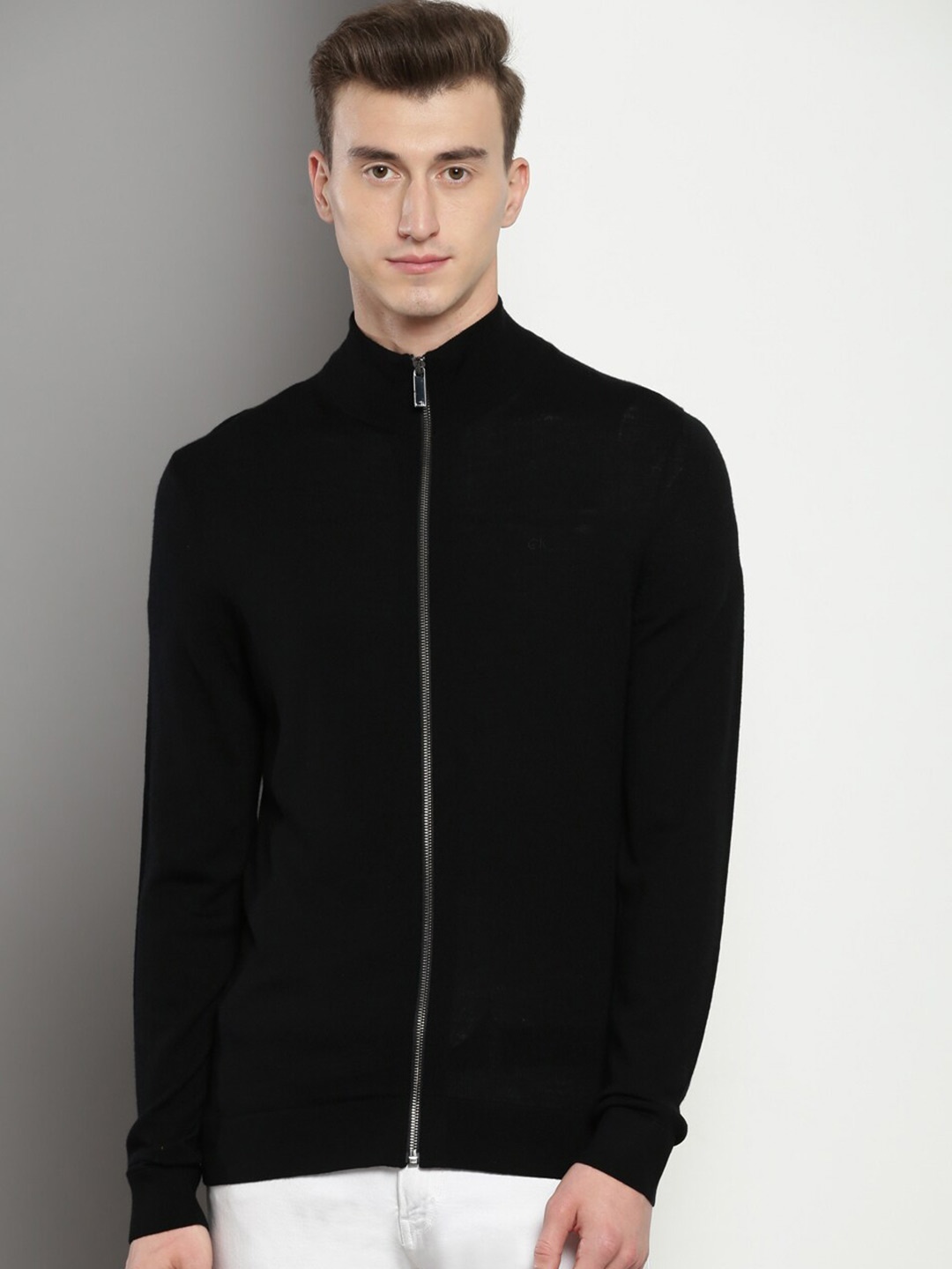 

Calvin Klein Self Design Mock Collar Front Open Pure Cotton Sweater, Black