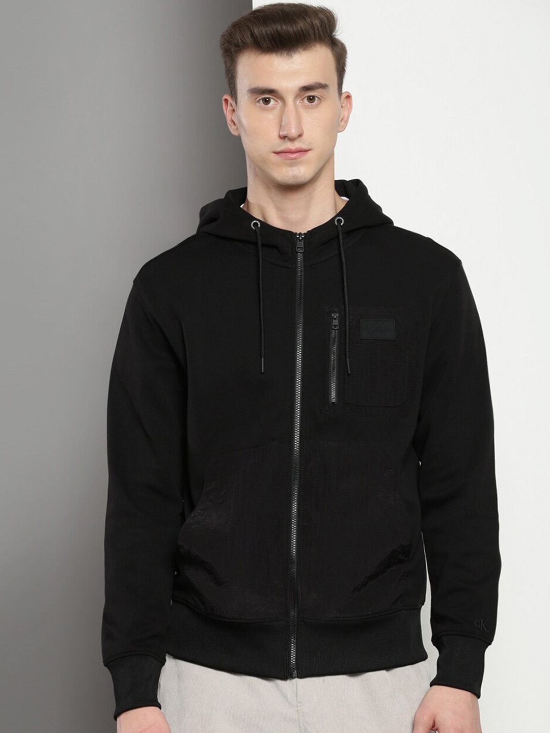 

Calvin Klein Jeans Hooded Cotton Front-Open Sweatshirt, Black