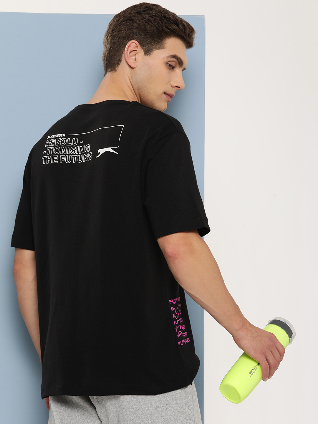 

Slazenger Men Typography Printed Drop-Shoulder Sleeves Pure Cotton T-shirt, Black