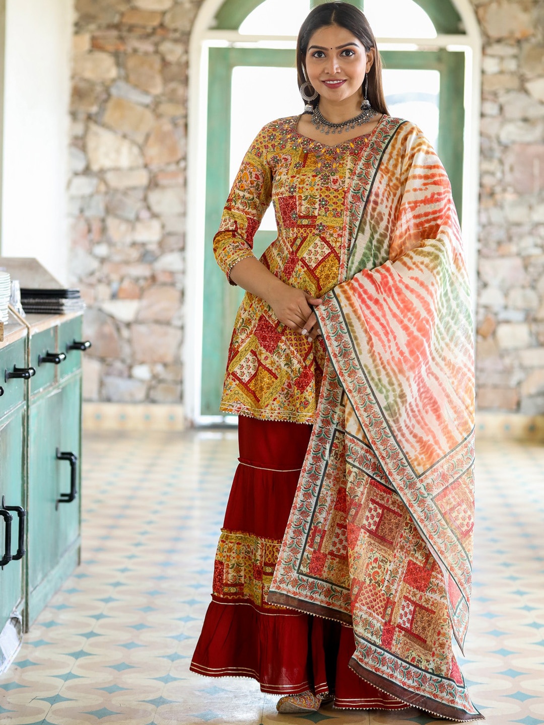 DOISA Ethnic Motifs Embroidered Kurti With Sharara & Dupatta, Yellow