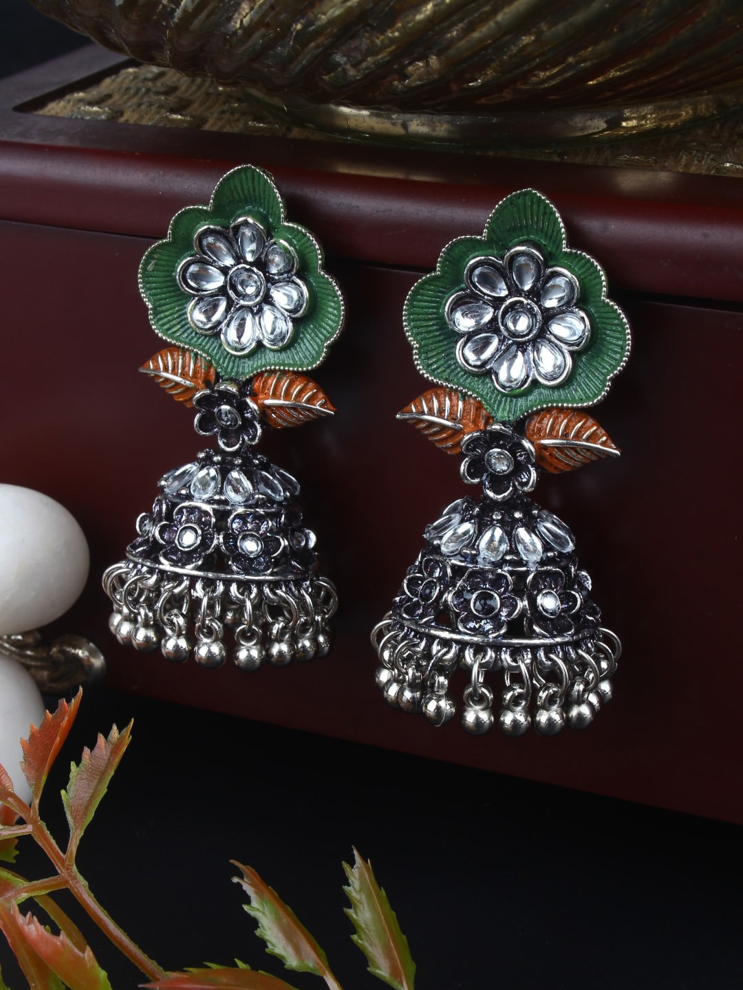 

Sangria Silver-Plated Oxidised Kundan-Studded Jumkas