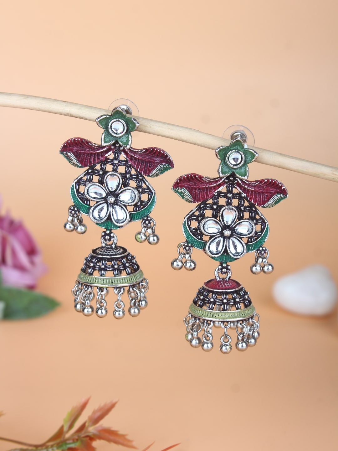 

Sangria Gold-Plated Red & Green Oxidised Kundan-Studded Jhumkas