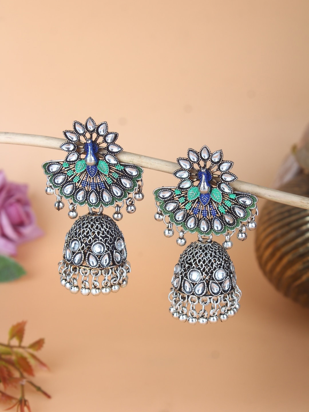 Sangria Silver-Plated Kundan Jhumkas