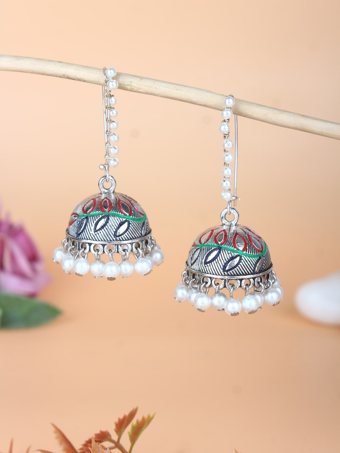 

Sangria Silver-Plated Oxidised Kundan Jumkas Earrings