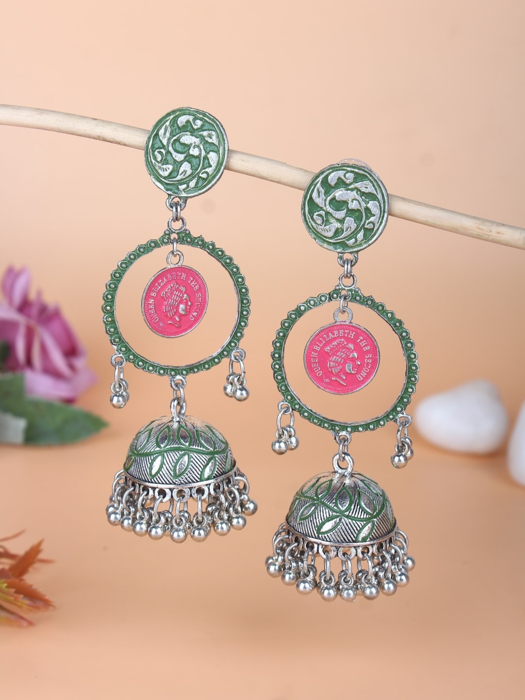 

Sangria Silver-Plated Circle-Shaped Kundan Jhumkas Earrings