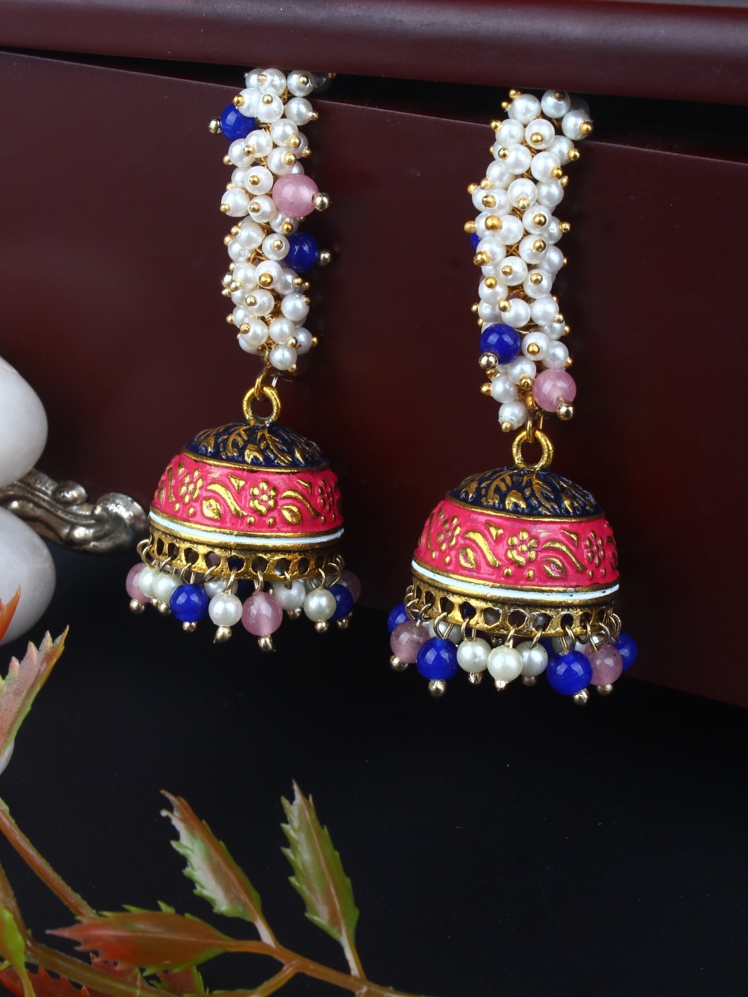 

Sangria Gold-Plated Pearl Beaded Dome-Shaped Jhumkas Earrings, Pink