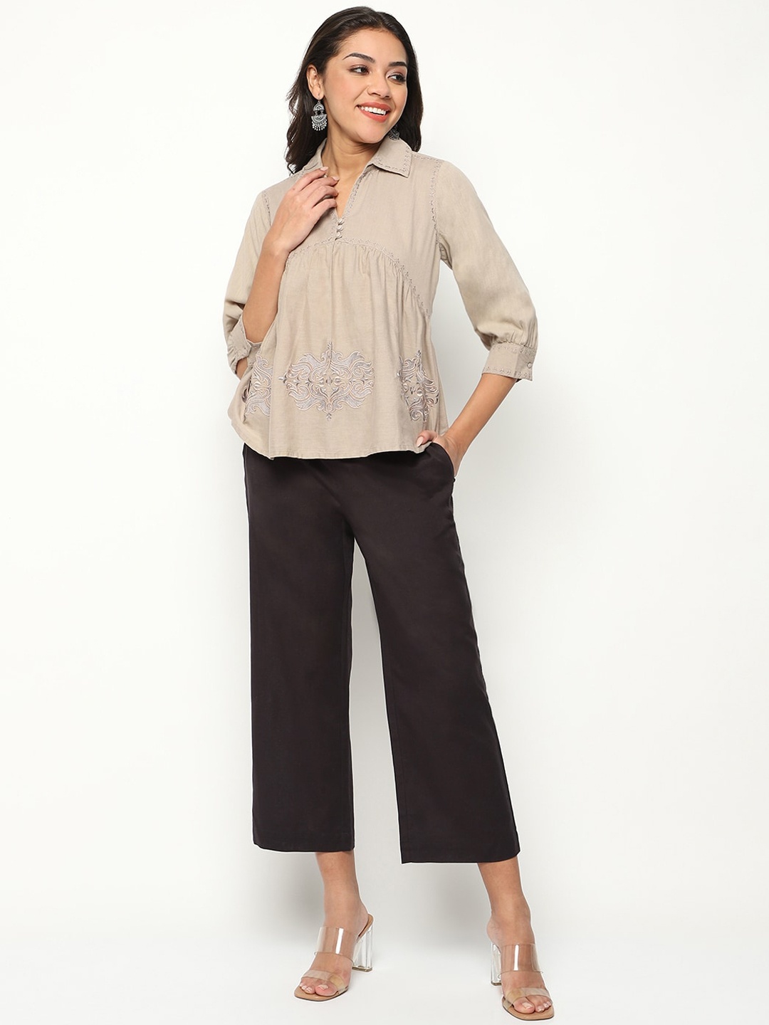 

HOUSE OF S Shirt Collar Embroidered Top With Trousers, Beige