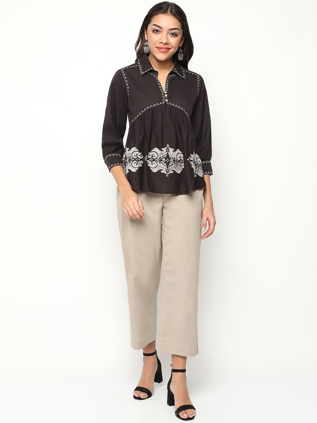 

HOUSE OF S Shirt Collar Embroidered Top With Trousers, Black
