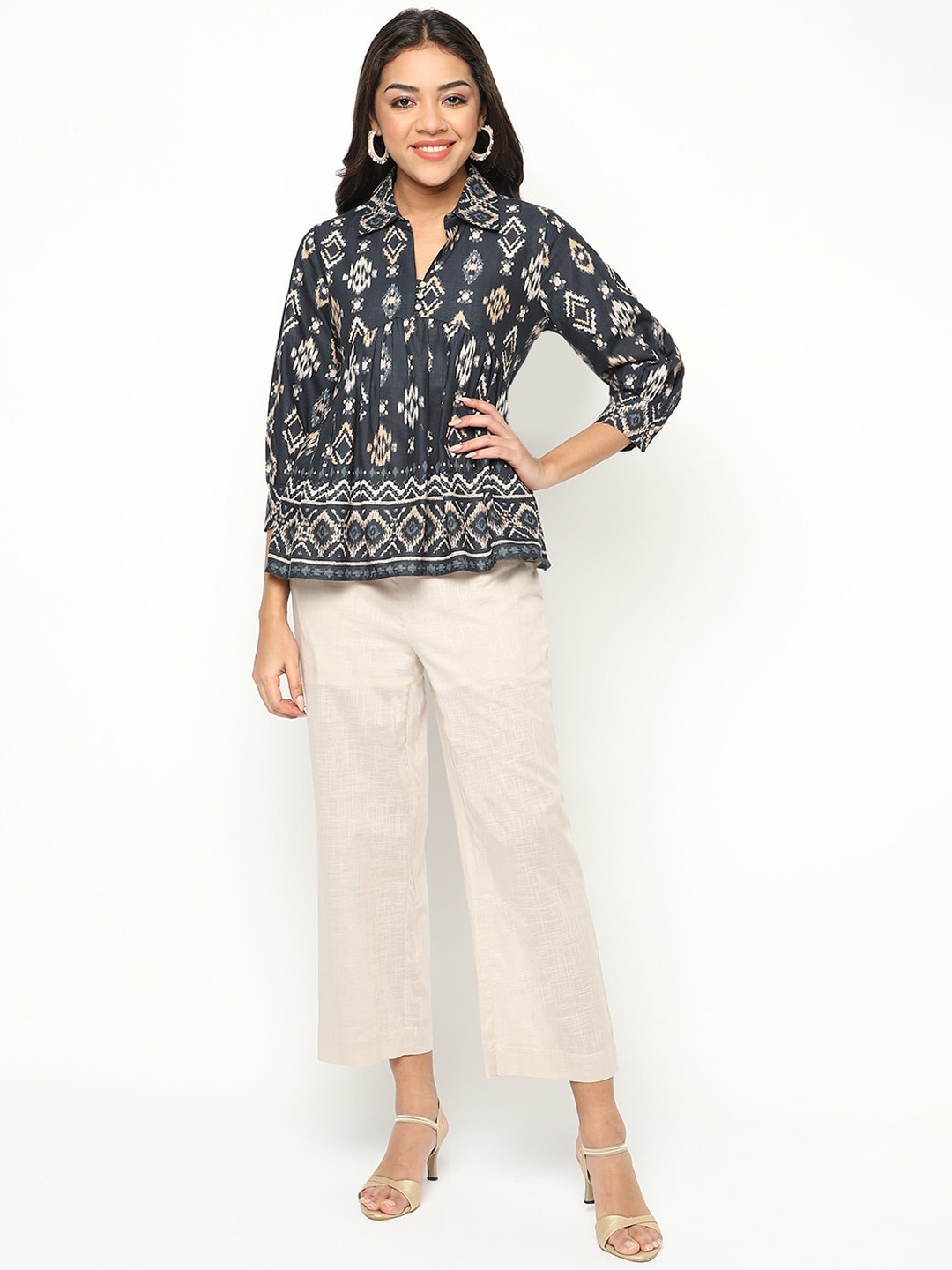 

HOUSE OF S Printed Shirt Collar Top With Trousers, Black