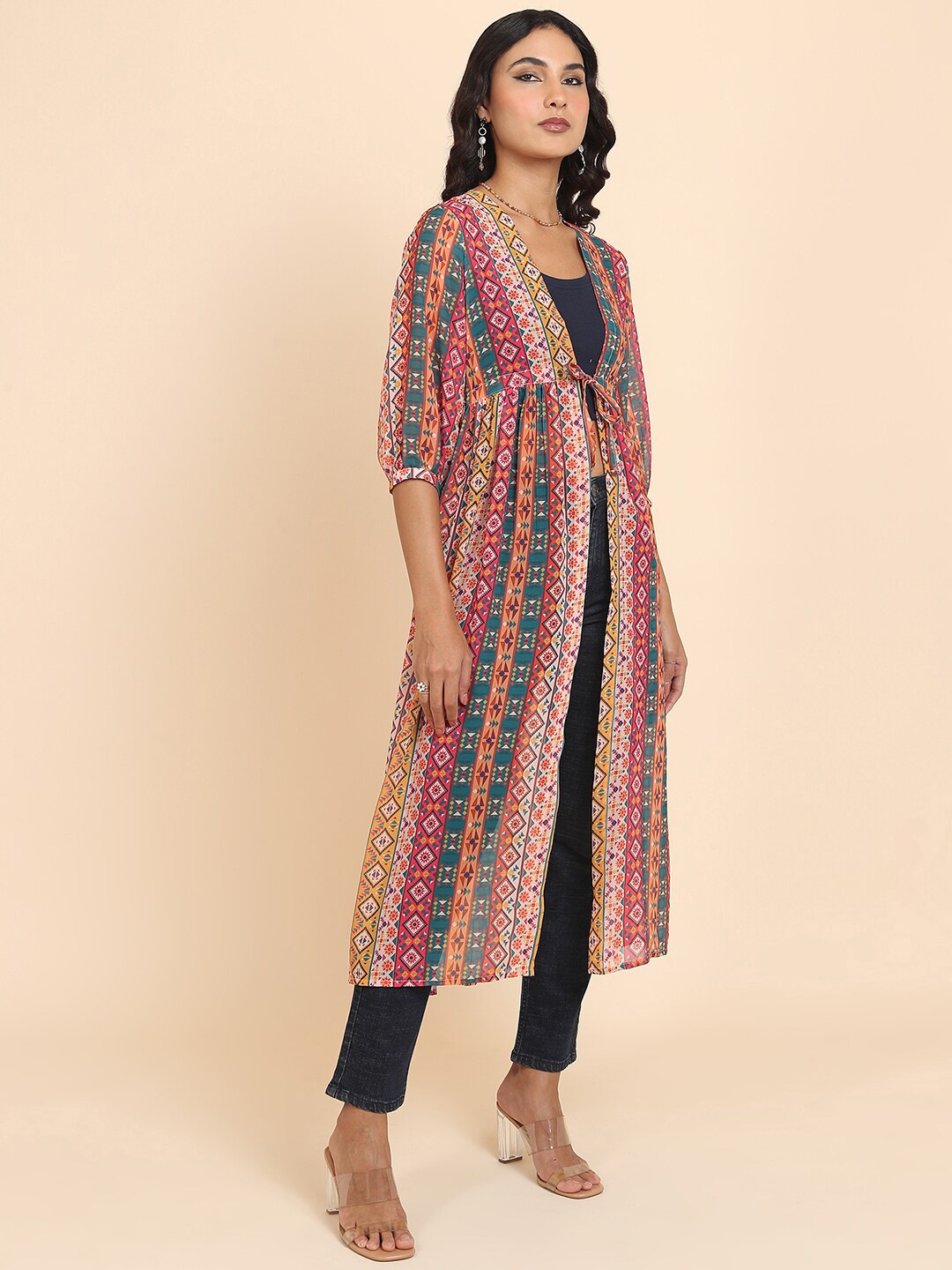 

Tokyo Talkies Ethnic Motifs Printed Longline Open Front Shrug, Red