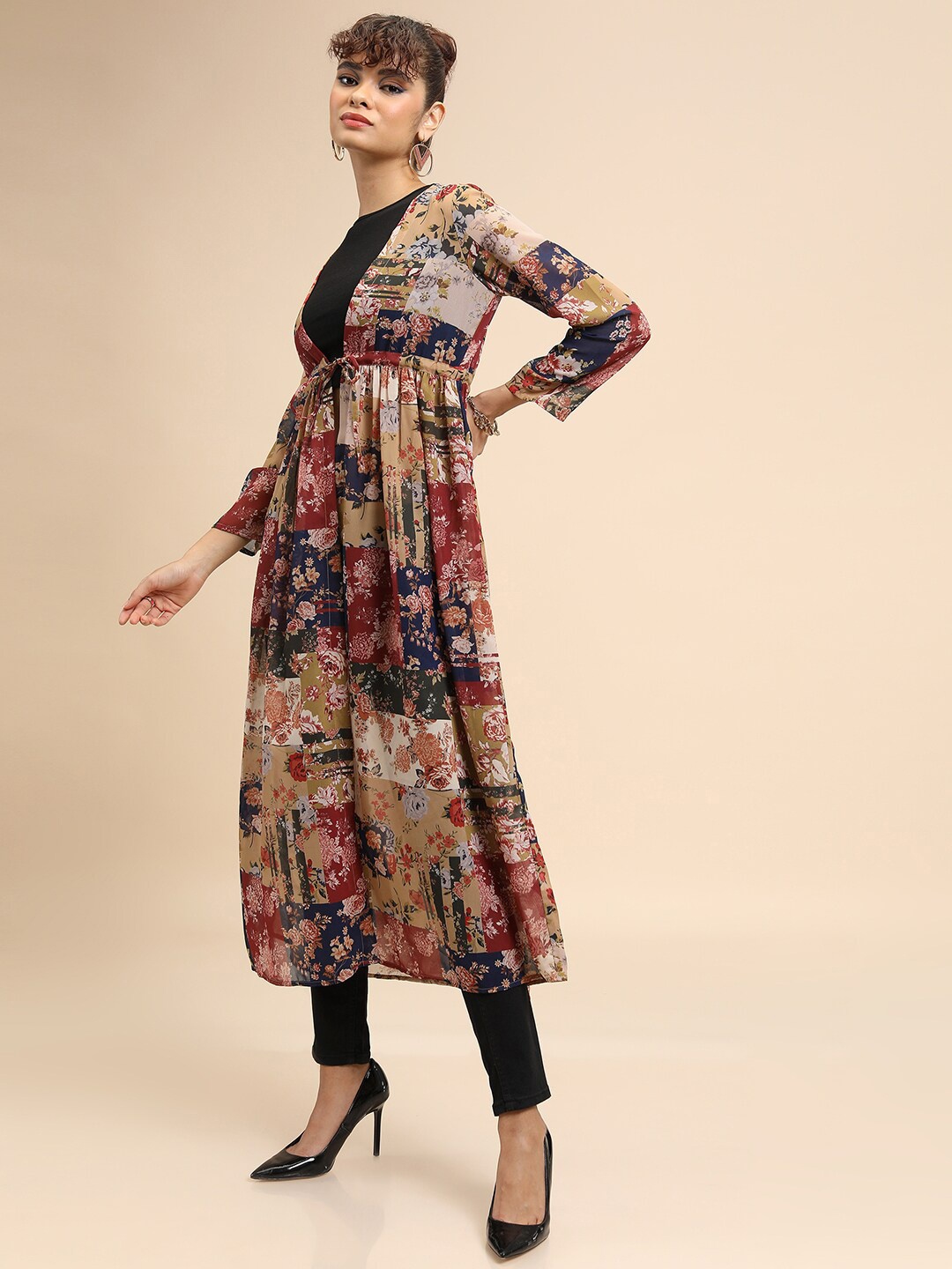 

Tokyo Talkies Floral Printed Longline Open Front Shrug, Beige