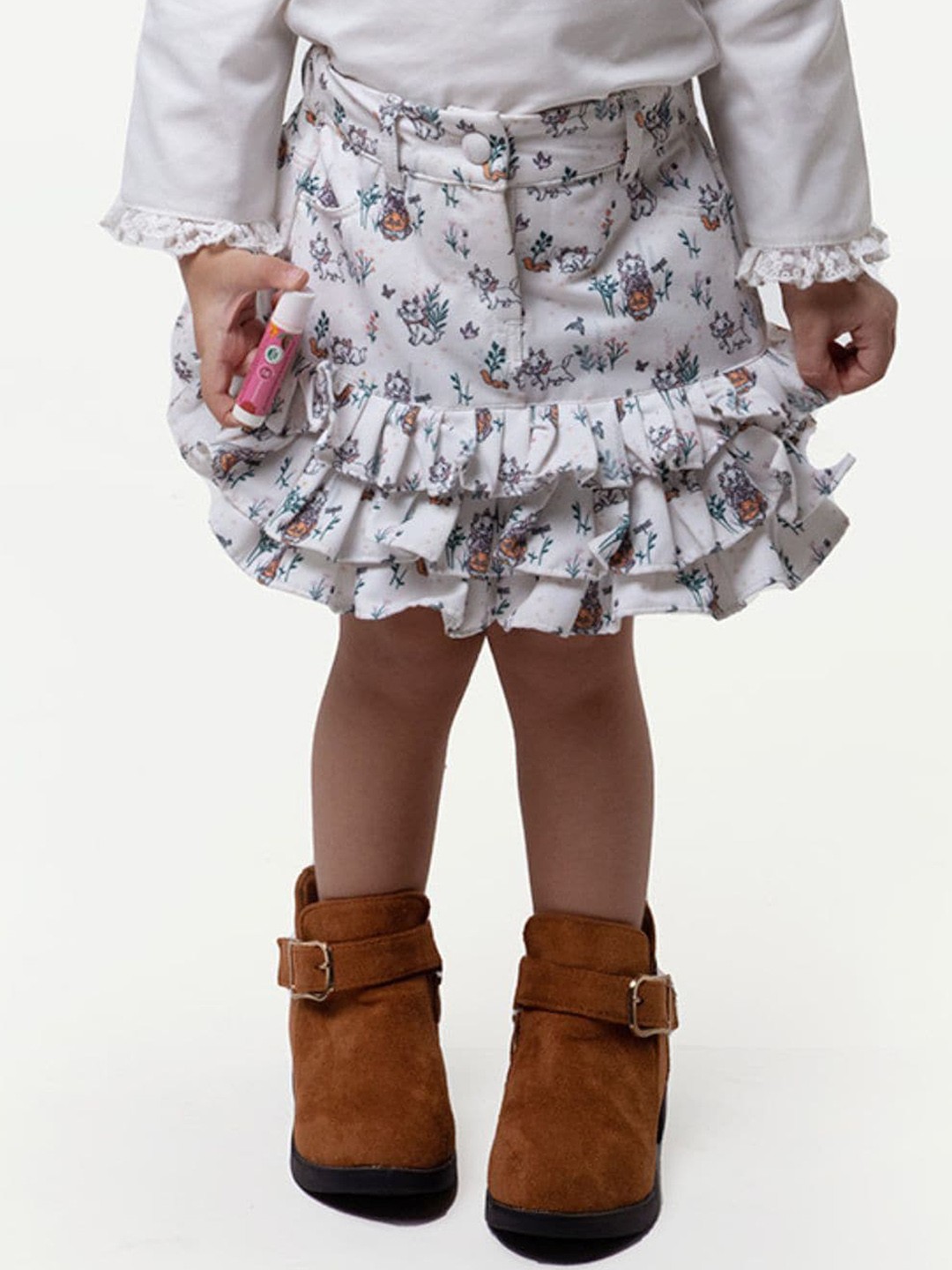 

One Friday Girls Aristocats Printed Ruffled Layered Flared Skirt, Off white