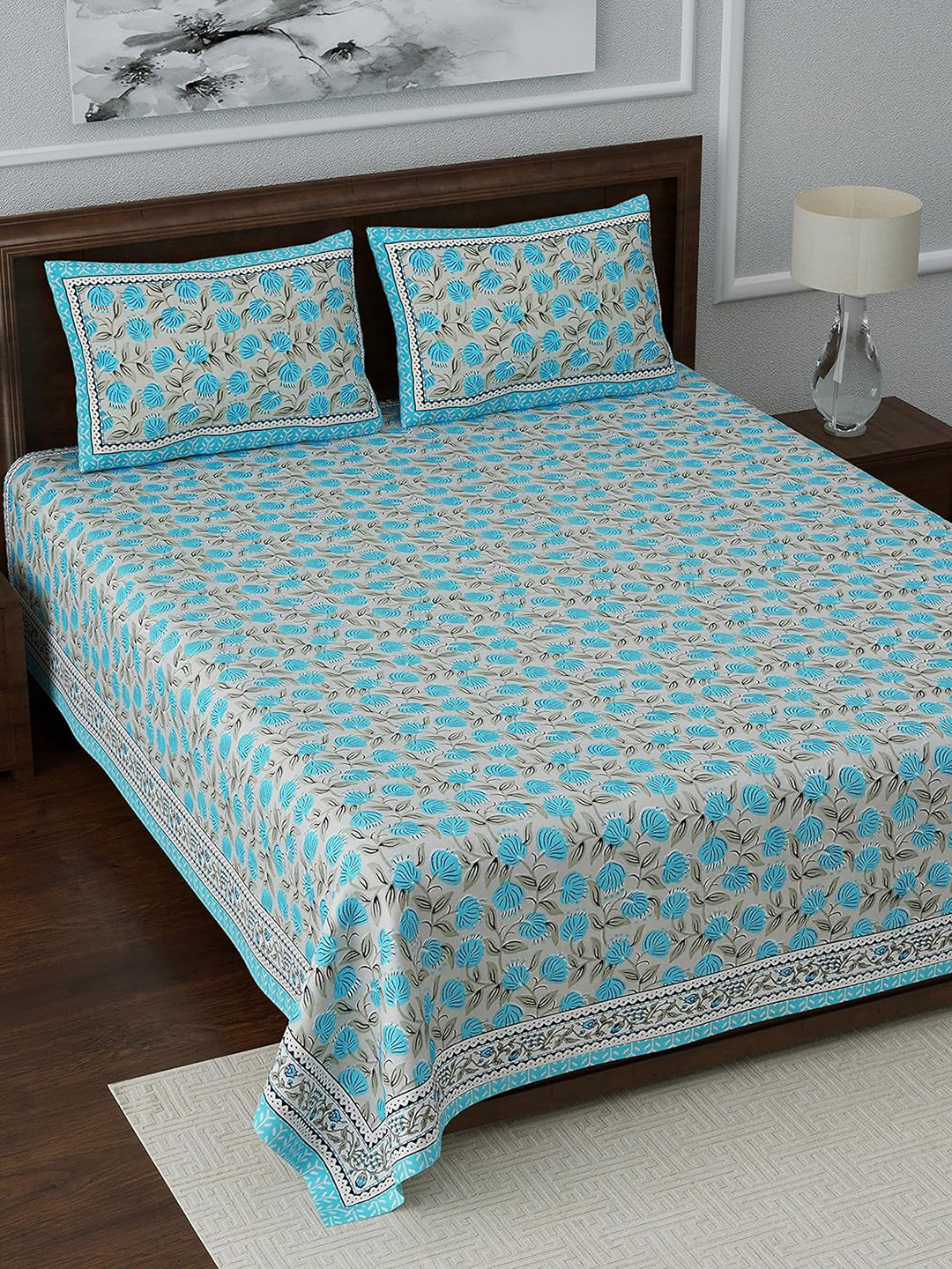 

BRASK INDIA Blue Flat Floral Cotton 300 TC King Double Size Bedsheet with 2 Pillow Covers