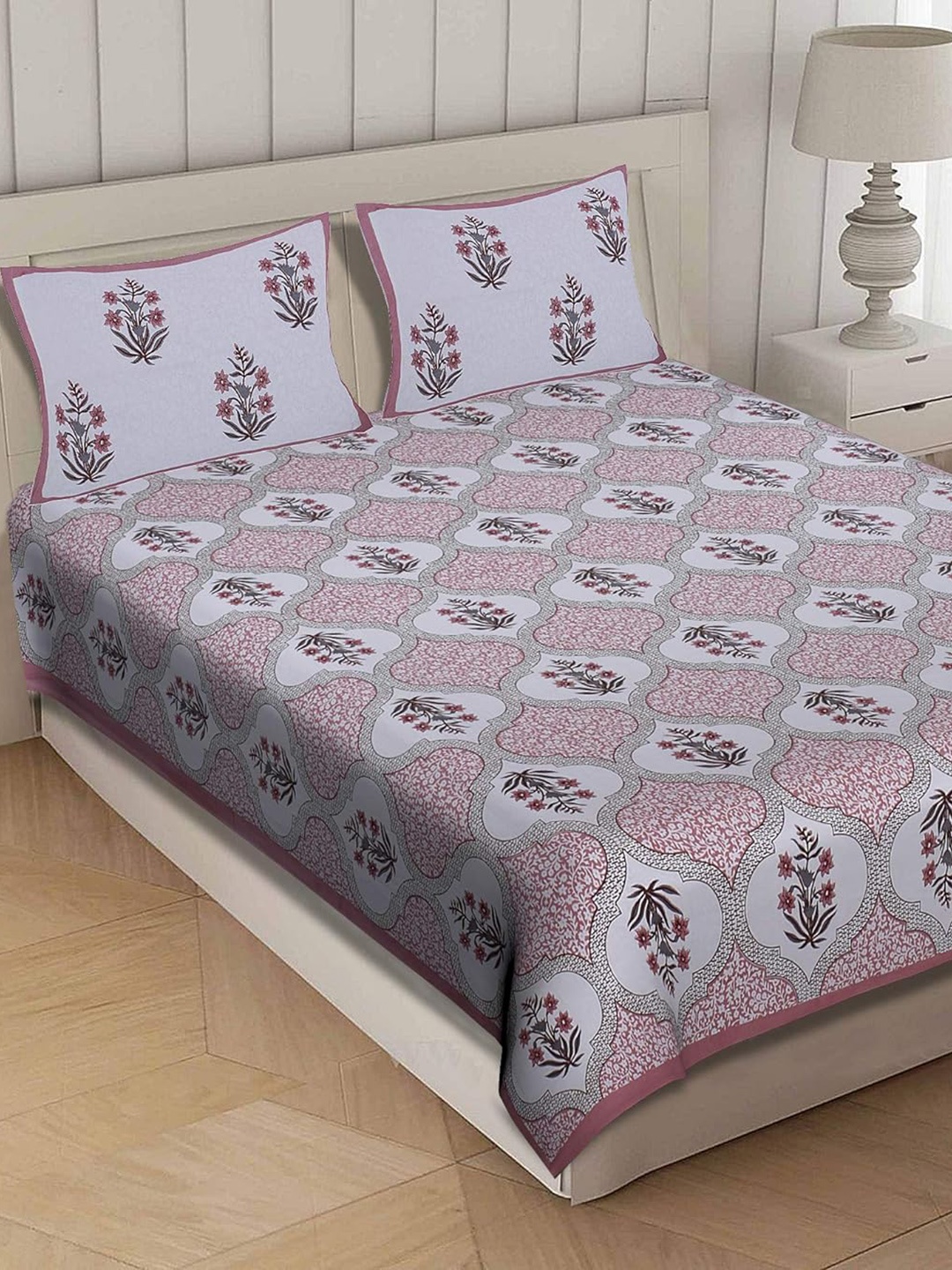 

BRASK INDIA Pink Floral Cotton 300 TC King Bedsheet with 2 Pillow Covers