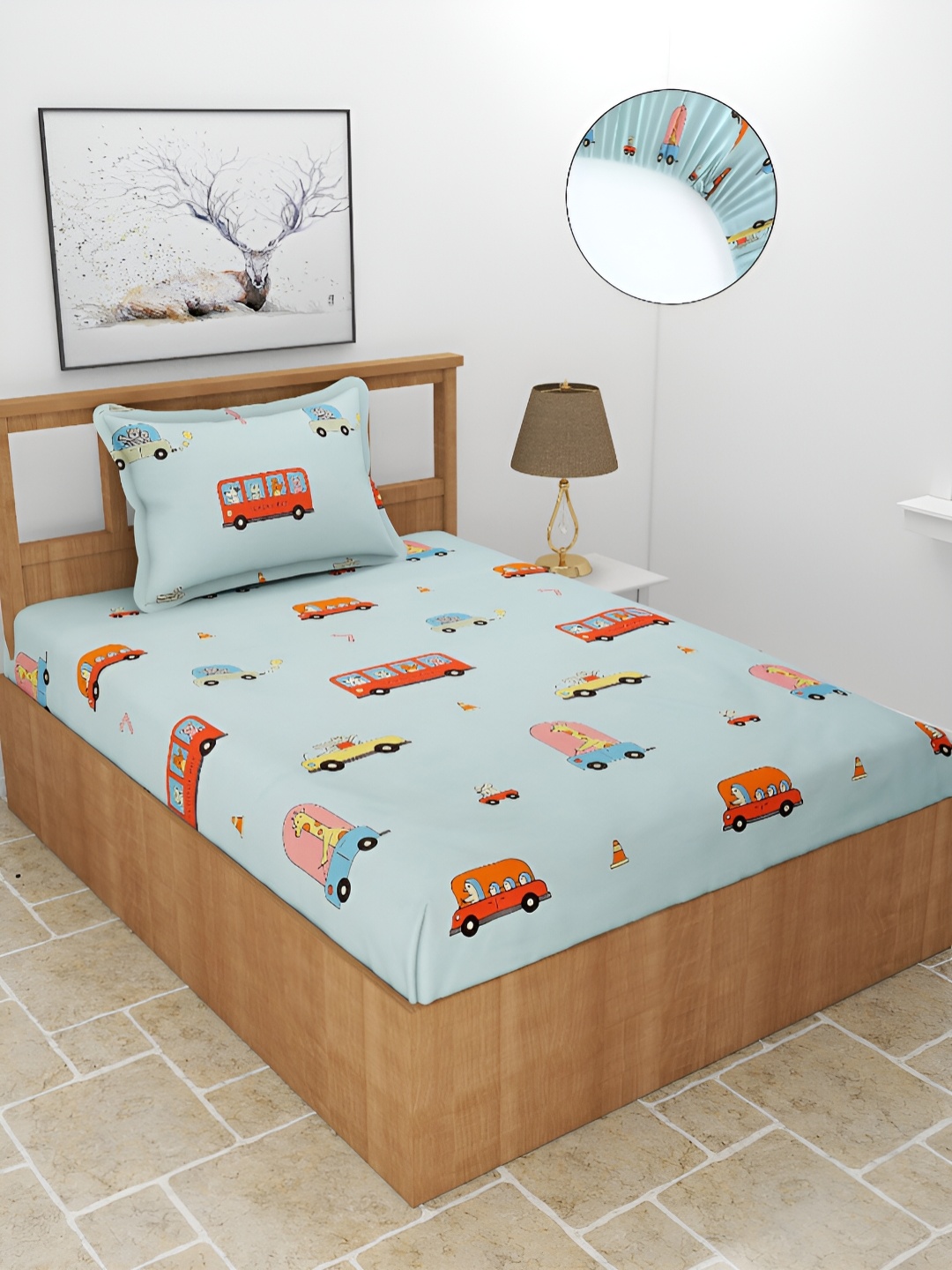 

BREVARD Blue Cartoon Characters Polycotton Fitted 180 TC Single Bedsheet & 1 Pillow Cover