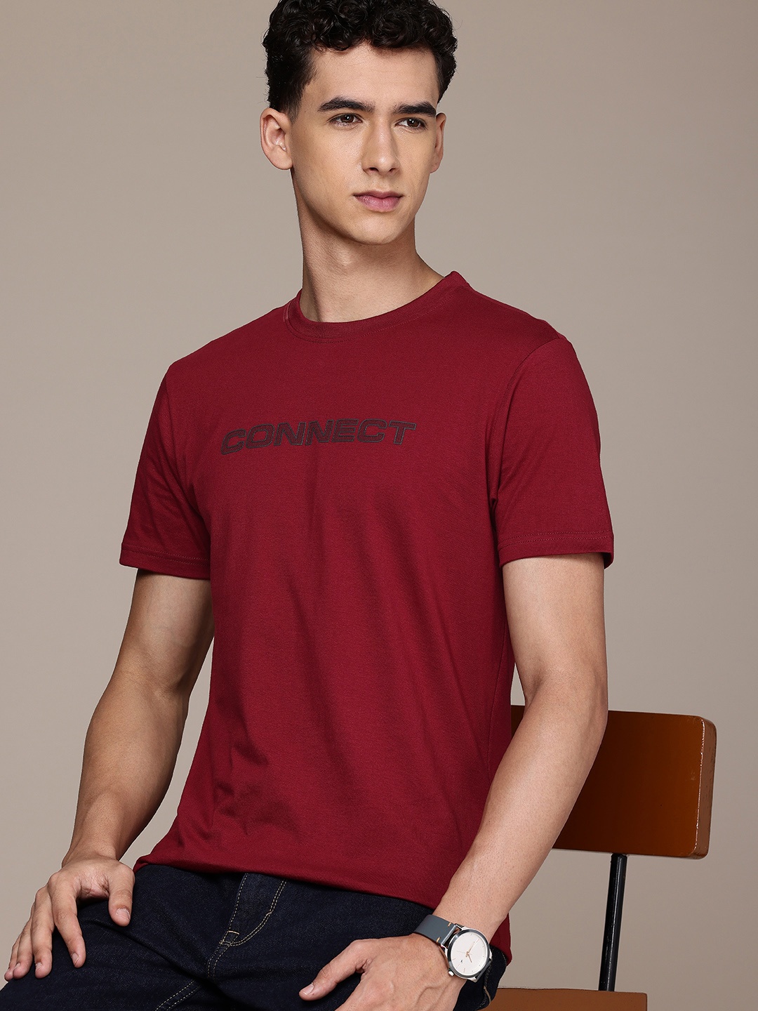 

French Connection Typography Printed Pure Cotton T-shirt, Maroon