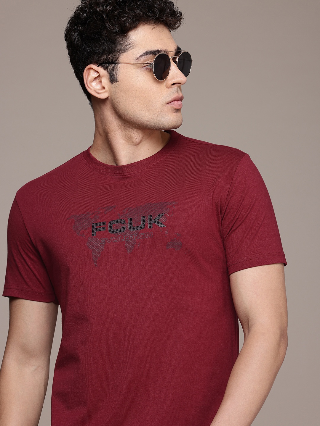 

FCUK Men Printed Embellished Pure Cotton T-shirt, Maroon