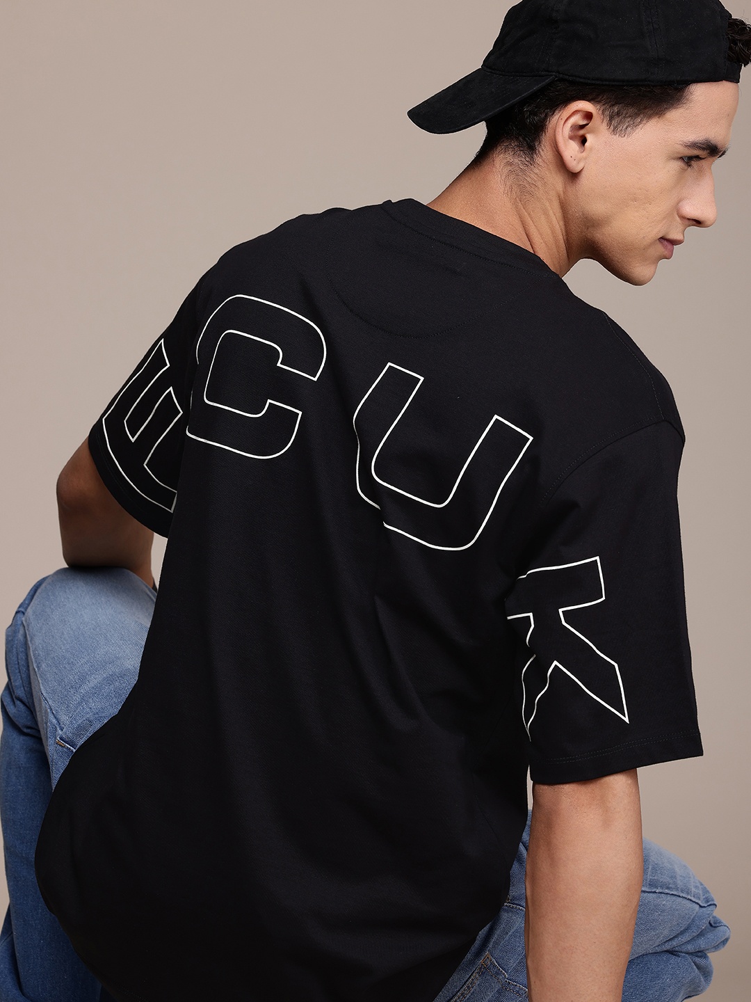 

FCUK Typography Printed Drop-Shoulder Sleeves Pure Cotton Oversized T-shirt, Black