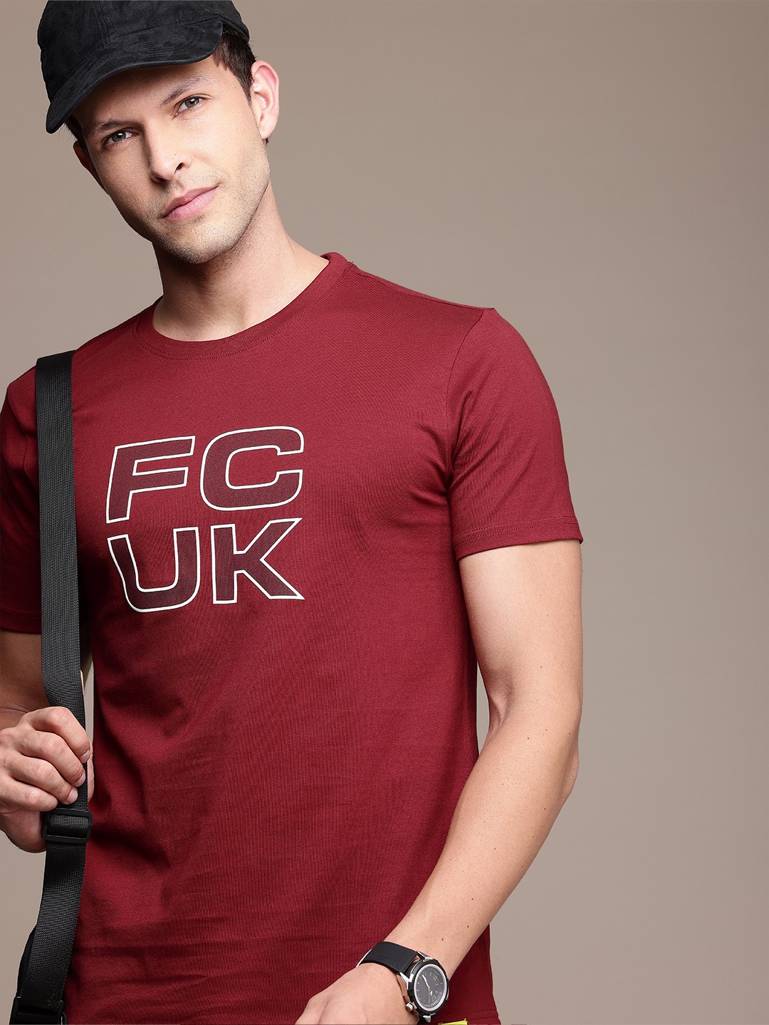

FCUK Brand Logo Printed Pure Cotton T-shirt, Maroon