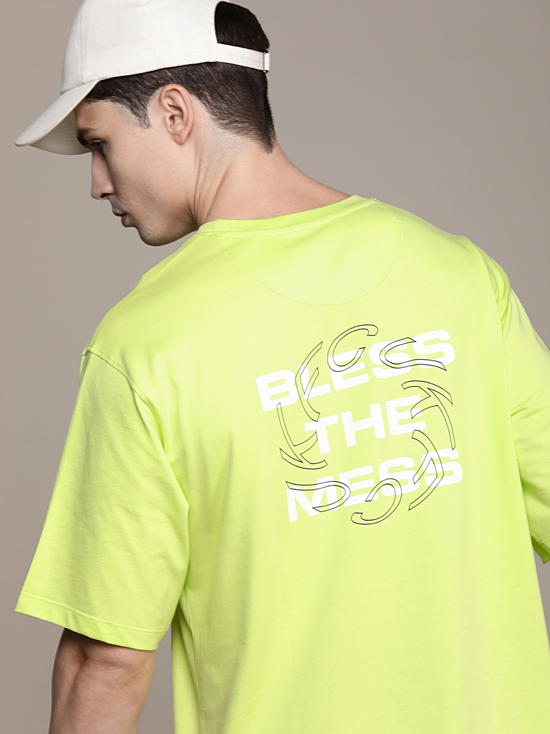 

FCUK Brand Logo Printed Drop-Shoulder Sleeves Pure Cotton Oversized T-shirt, Fluorescent green