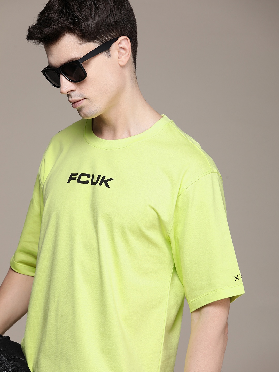 

FCUK Brand Logo Printed Drop-Shoulder Sleeves Pure Cotton Oversized T-shirt, Fluorescent green