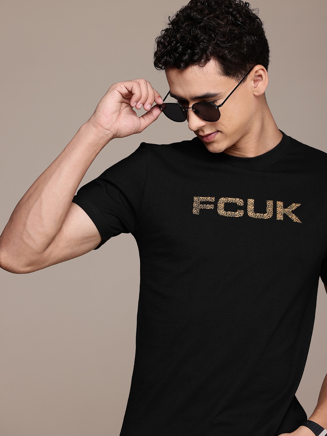 

FCUK Brand Logo Printed Pure Cotton T-shirt, Black