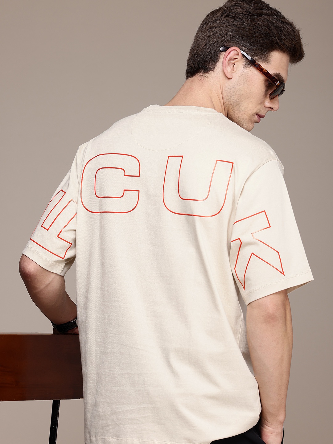 

FCUK Pure Cotton Brand Logo Printed Drop-Shoulder Sleeves Oversized T-shirt, Beige