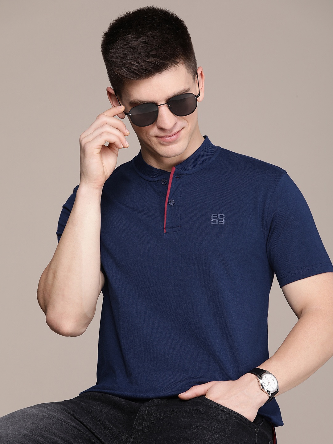 

French Connection Henley Neck Pure Cotton T-shirt, Navy blue