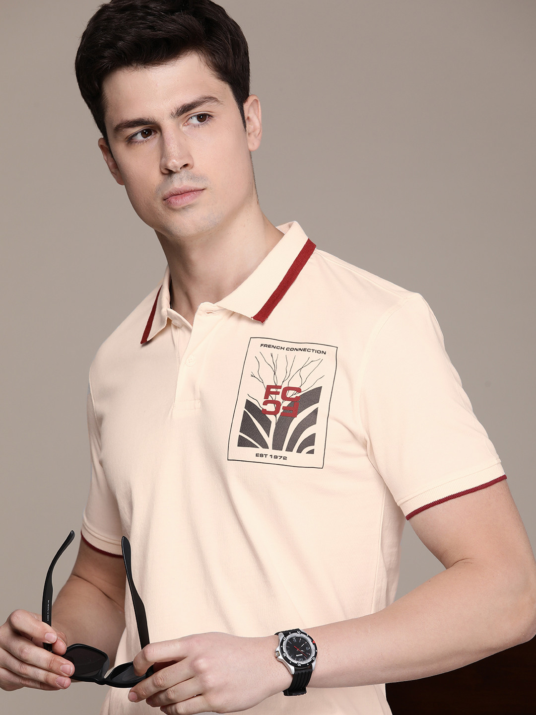 

French Connection Men Polo Collar Pure Cotton T-shirt, Cream