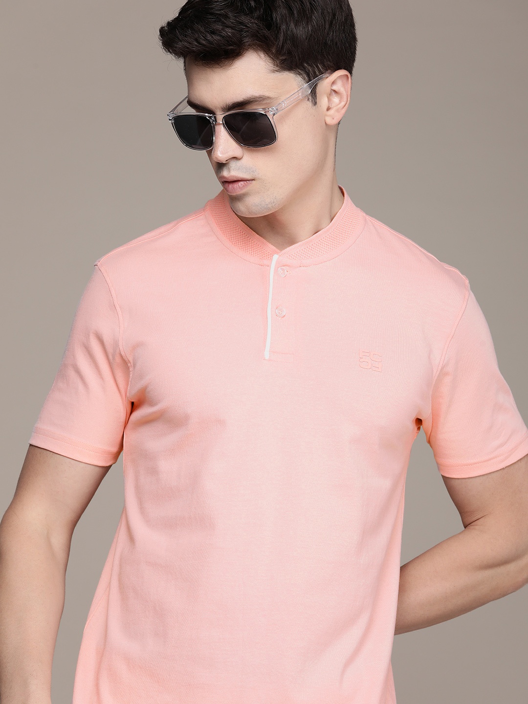 

French Connection Pure Cotton Henley Neck Casual T-shirt, Peach