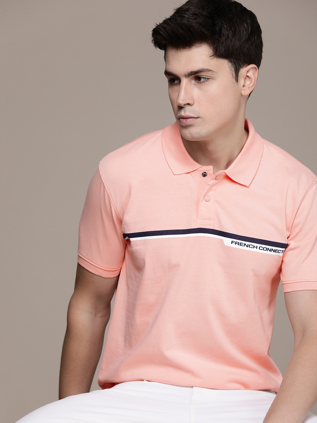 

French Connection Pure Cotton Polo Collar Striped Casual T-shirt, Peach