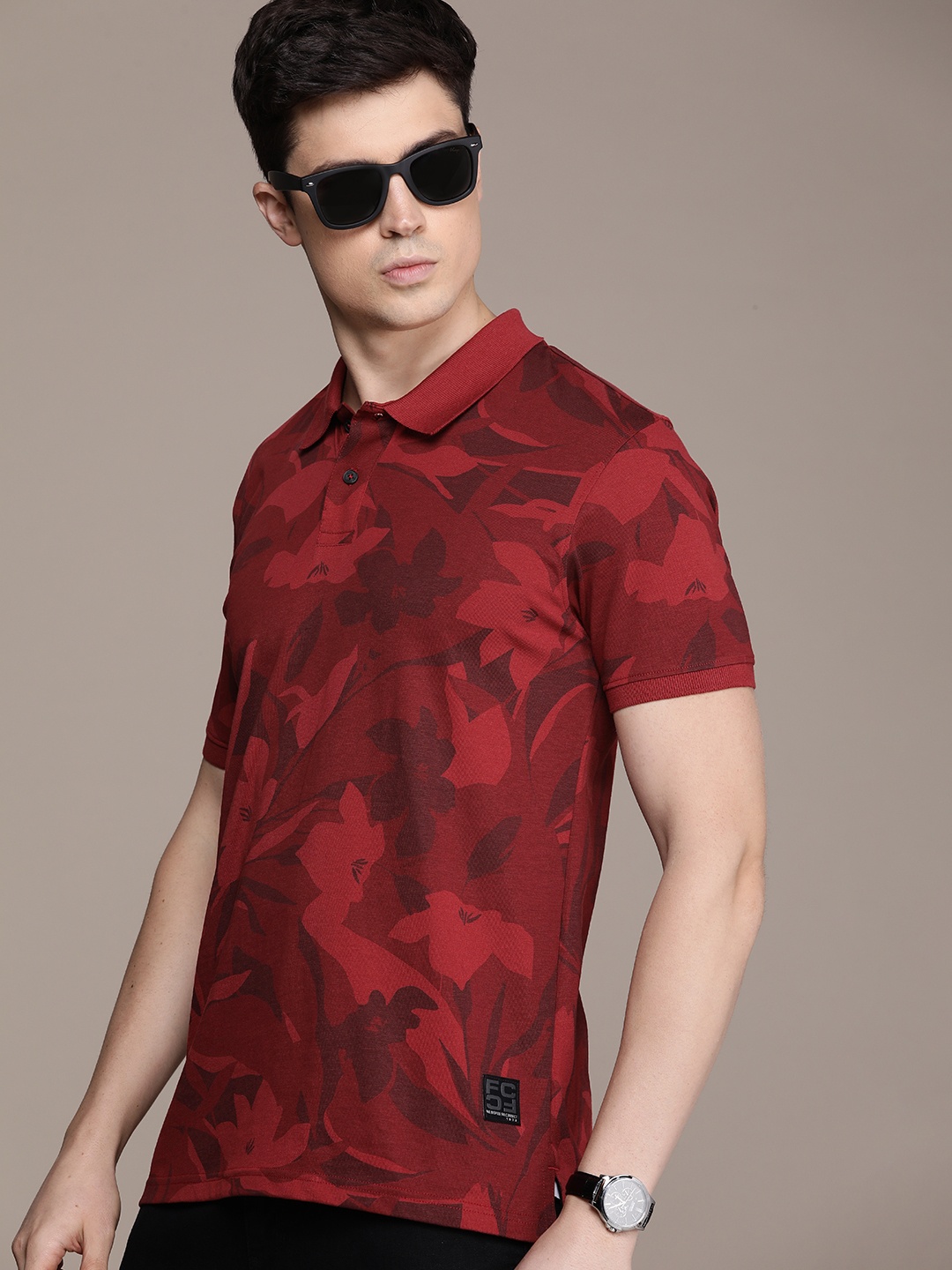 

French Connection Men Floral Print Polo Collar Pure Cotton T-shirt, Red