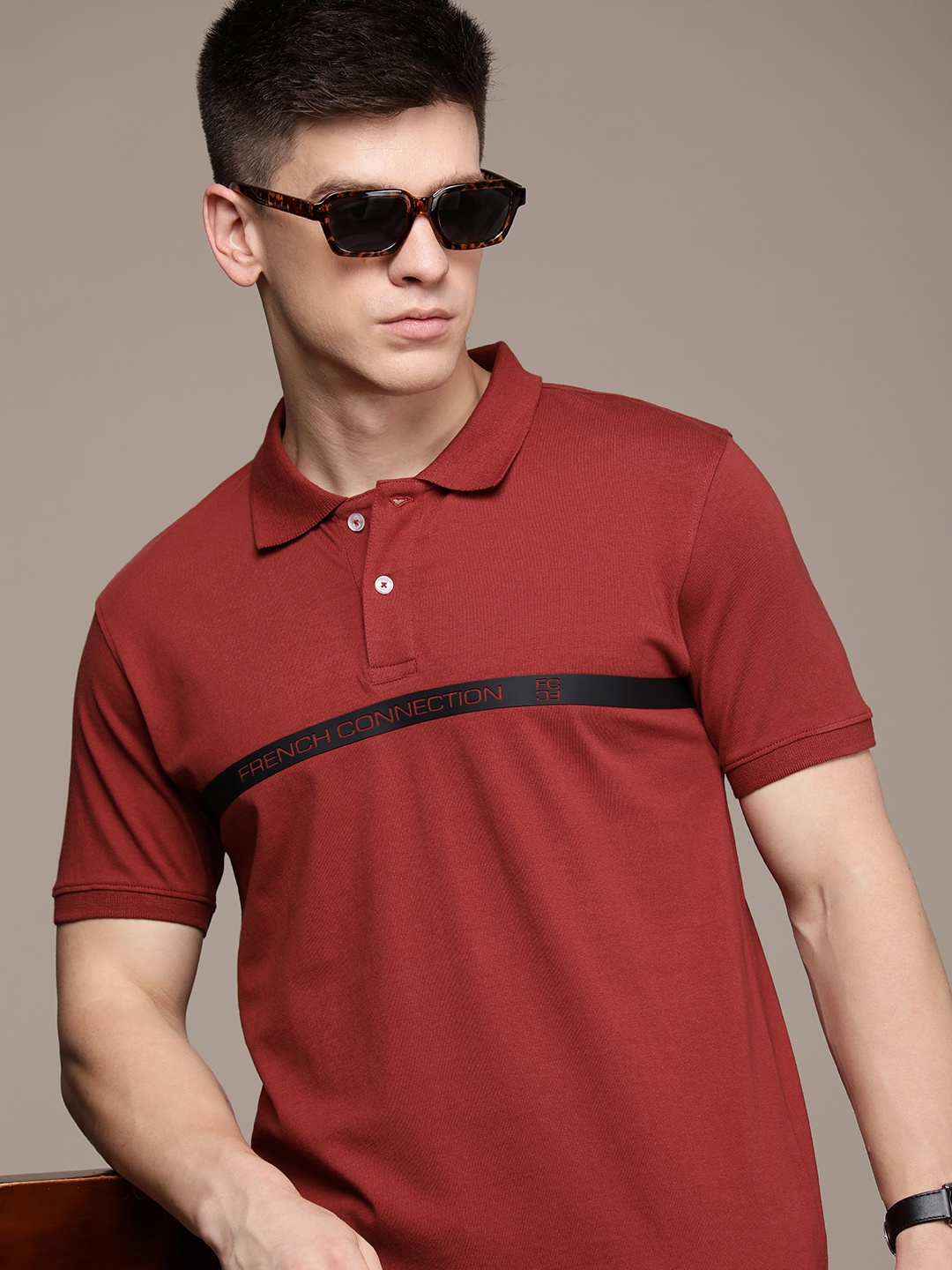 

French Connection Polo Collar Pure Cotton T-shirt, Maroon
