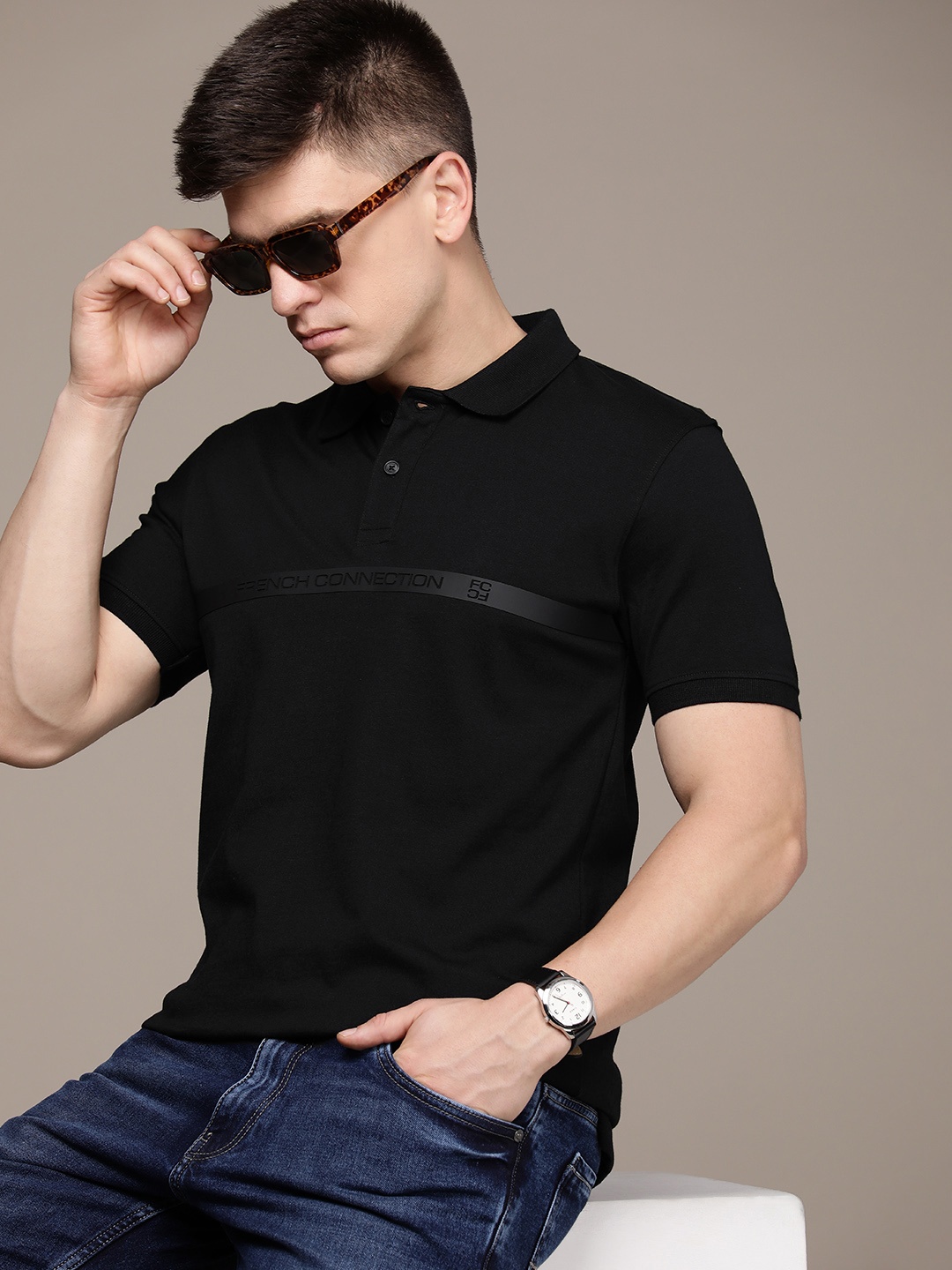 

French Connection Polo Collar Pure Cotton T-shirt, Black
