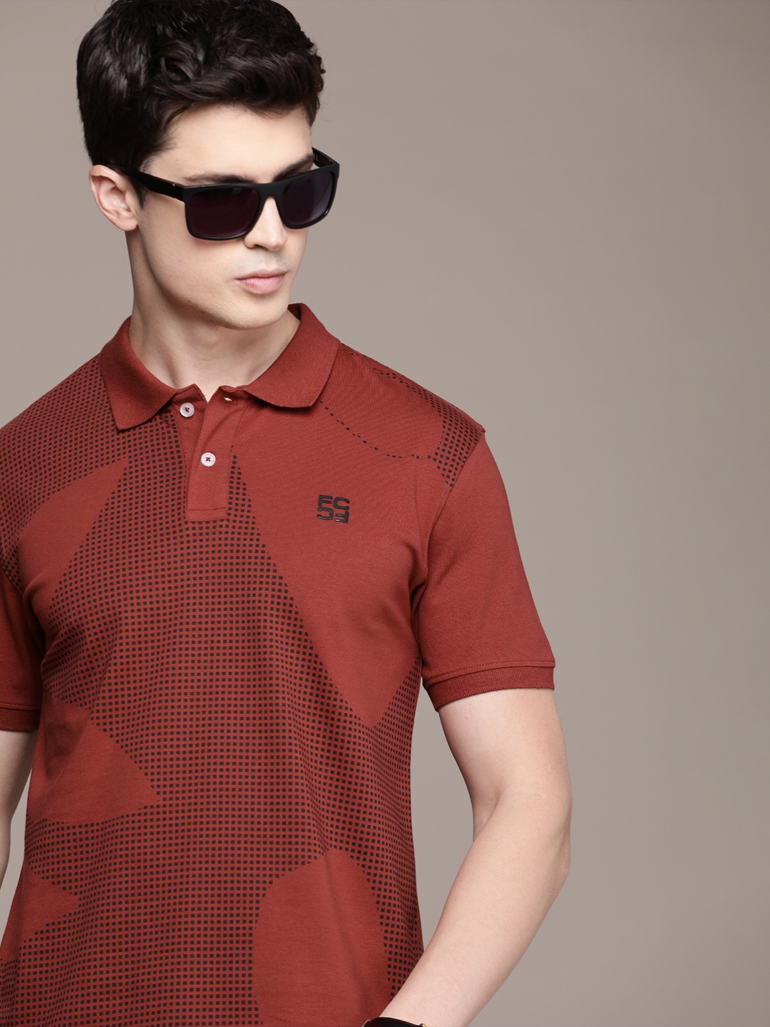

French Connection Printed Polo Collar Pure Cotton T-shirt, Rust