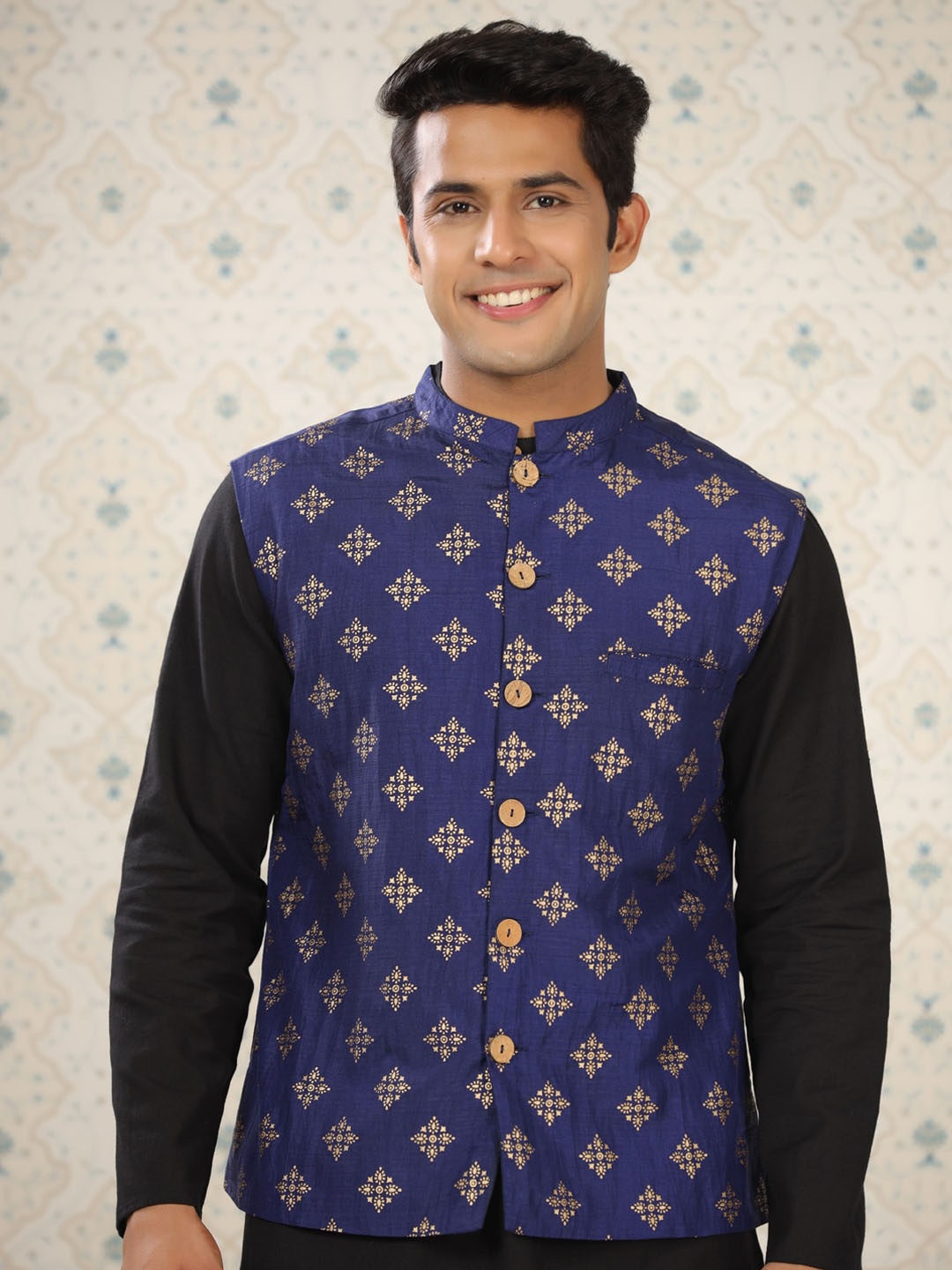 

Ode by House of Pataudi Ethnic Motifs Printed Cotton Linen Nehru Jacket, Blue