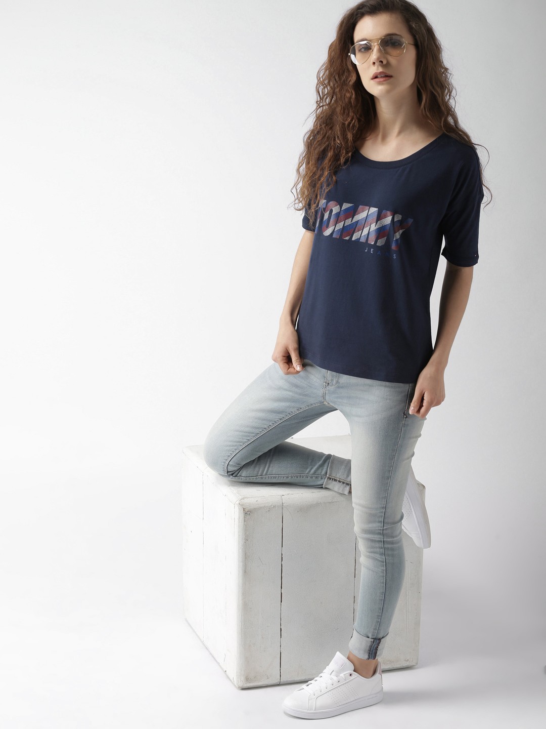 

Tommy Hilfiger Women Navy Printed Round Neck T-shirt, Navy blue