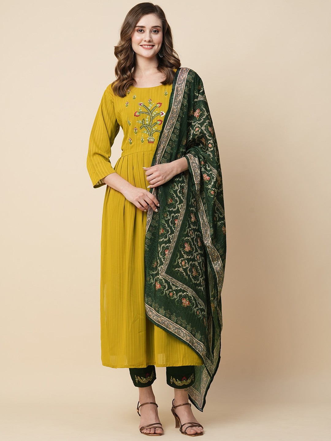 

KALINI Floral Yoke Design High Slit Thread Work Kurta With Trousers & Dupatta, Yellow