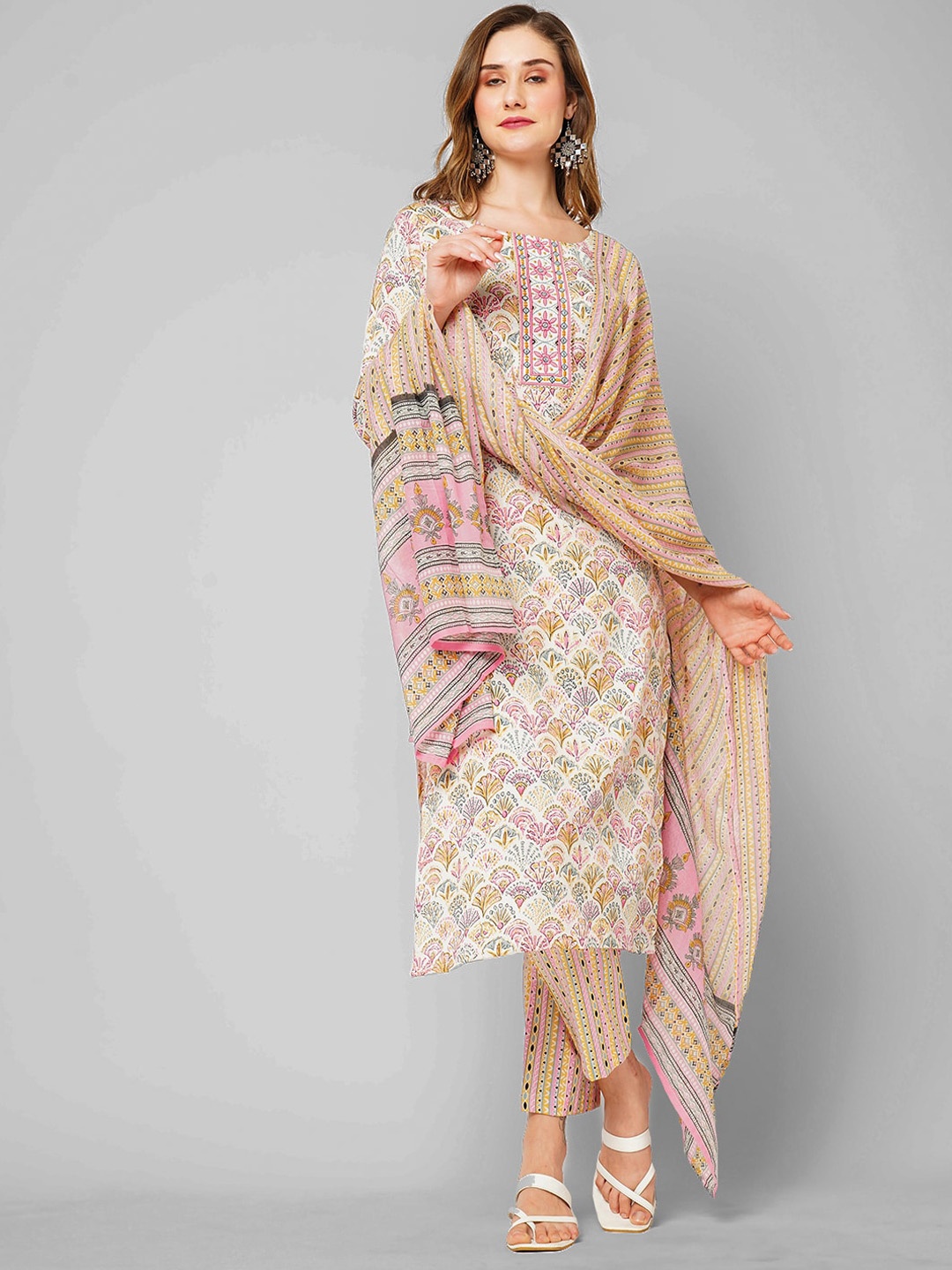 

KALINI Floral Printed Thread Work Kurta with Trousers & Dupatta, Pink