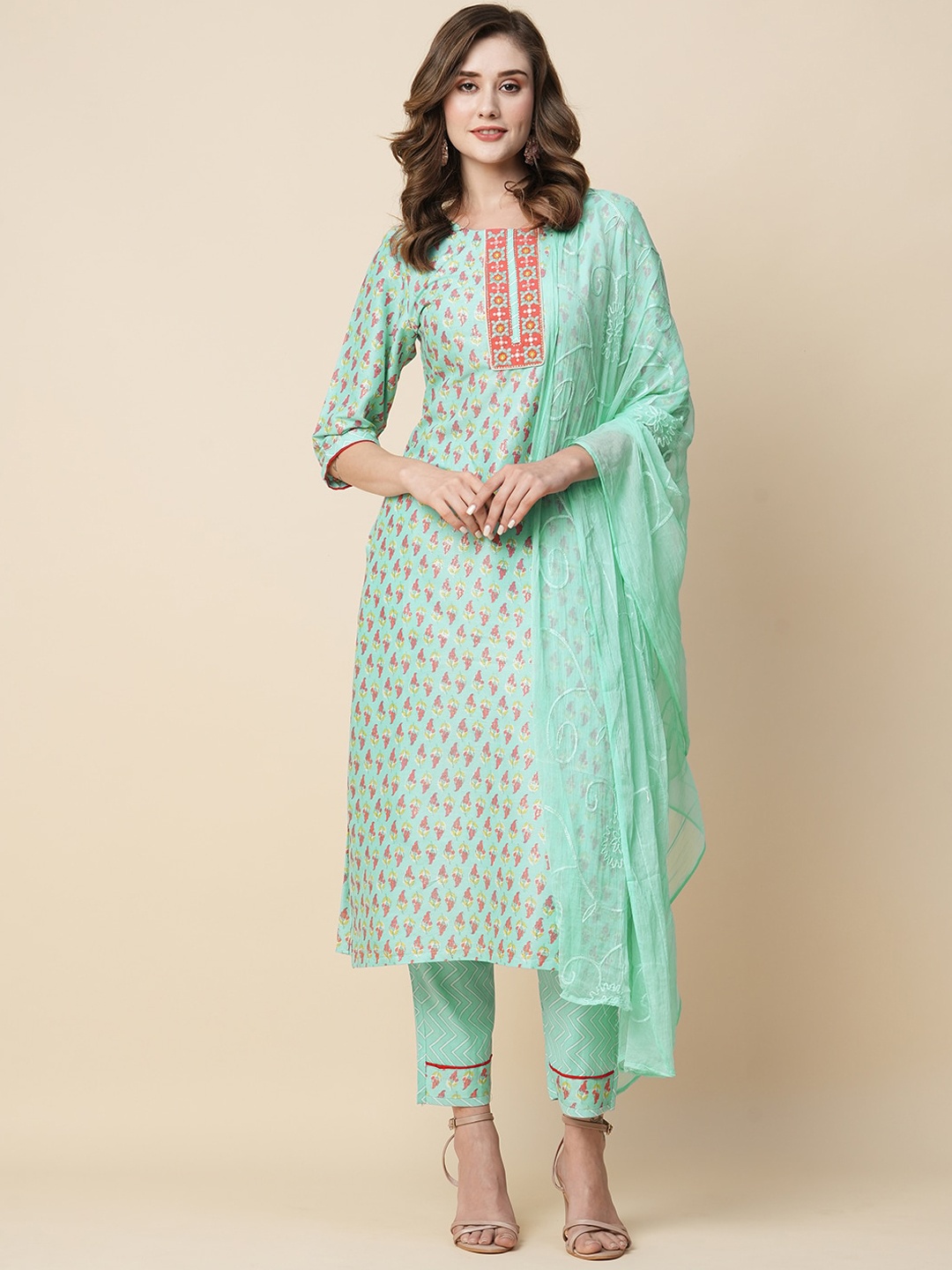 

KALINI Floral Printed Thread Work Kurta With Trousers & Dupatta, Blue