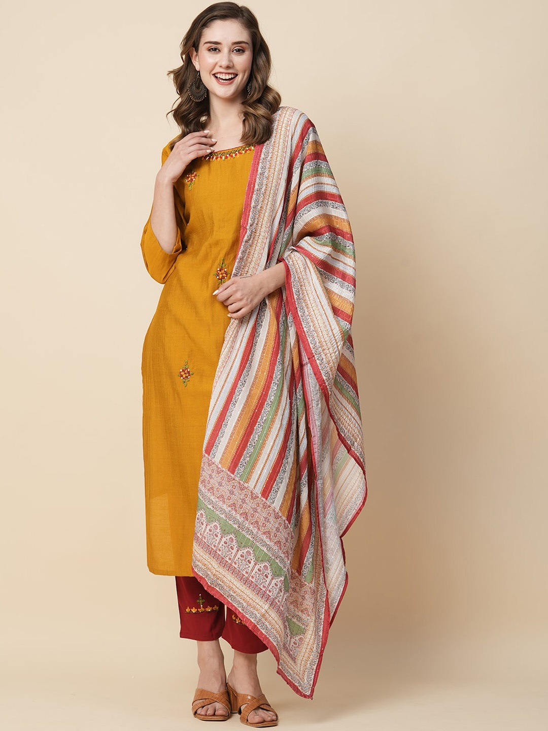 

KALINI Floral Embroidered Thread Work Kurta With Trousers & Dupatta, Yellow