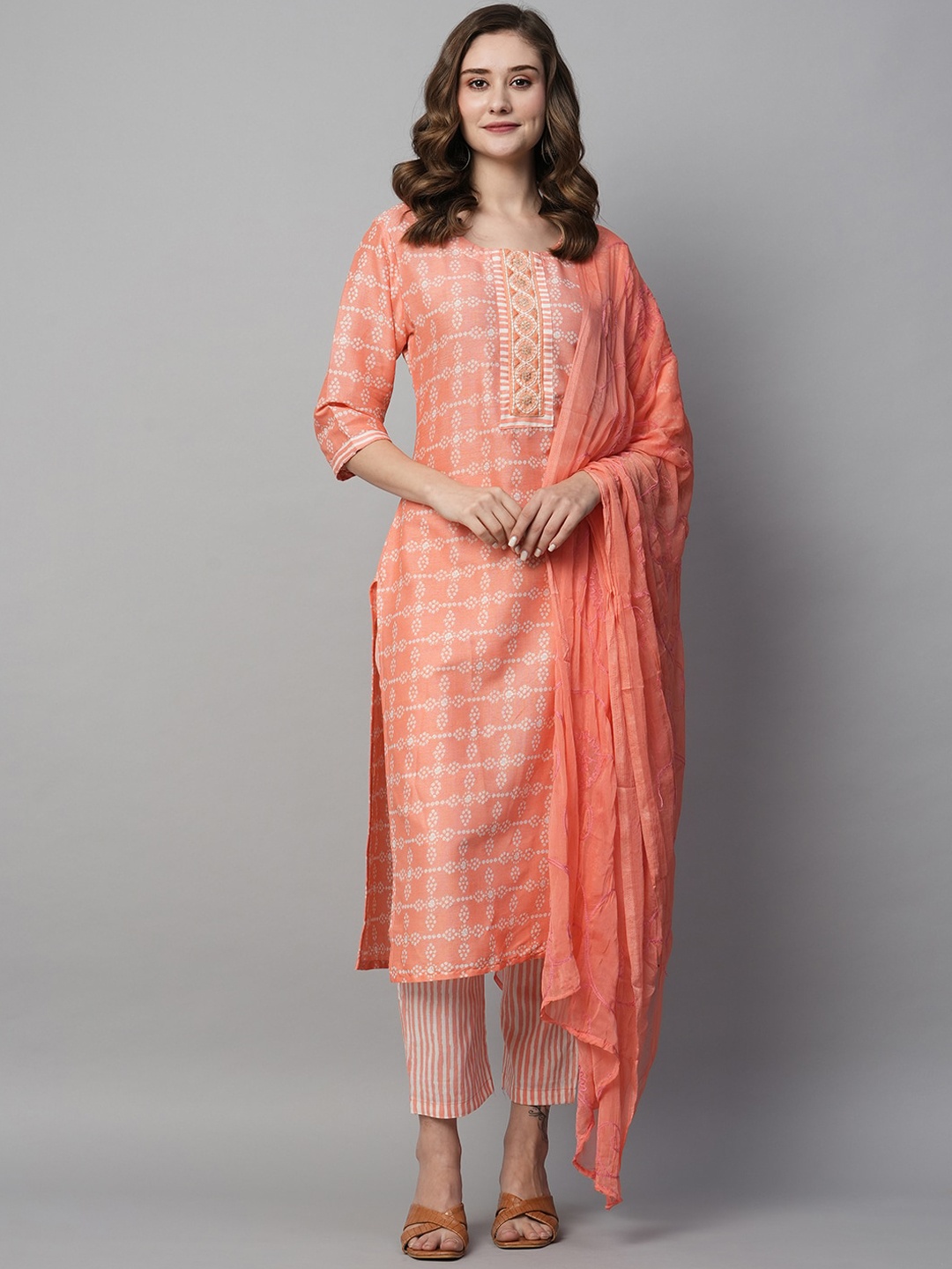 KALINI Ethnic Motifs Printed Thread Work Straight Kurta & Trousers With Dupatta, Peach