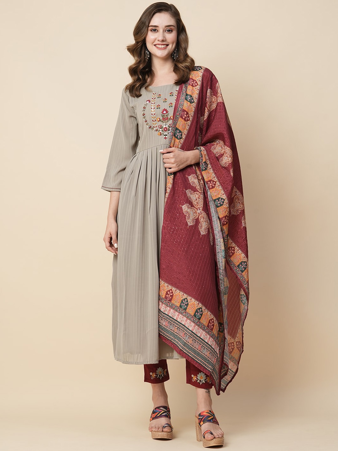 

KALINI Ethnic Motifs Yoke Design Thread Work A-Line Kurta with Trousers, Grey
